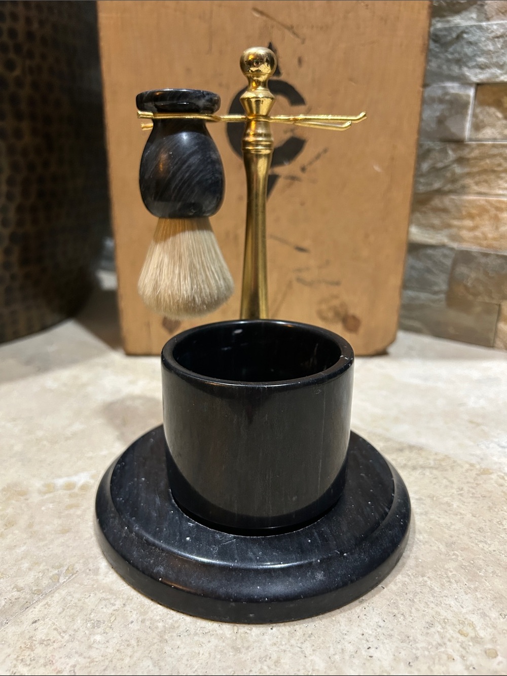 vintage shaving set- black marble bowl & base w/ a gold-tone metal stand